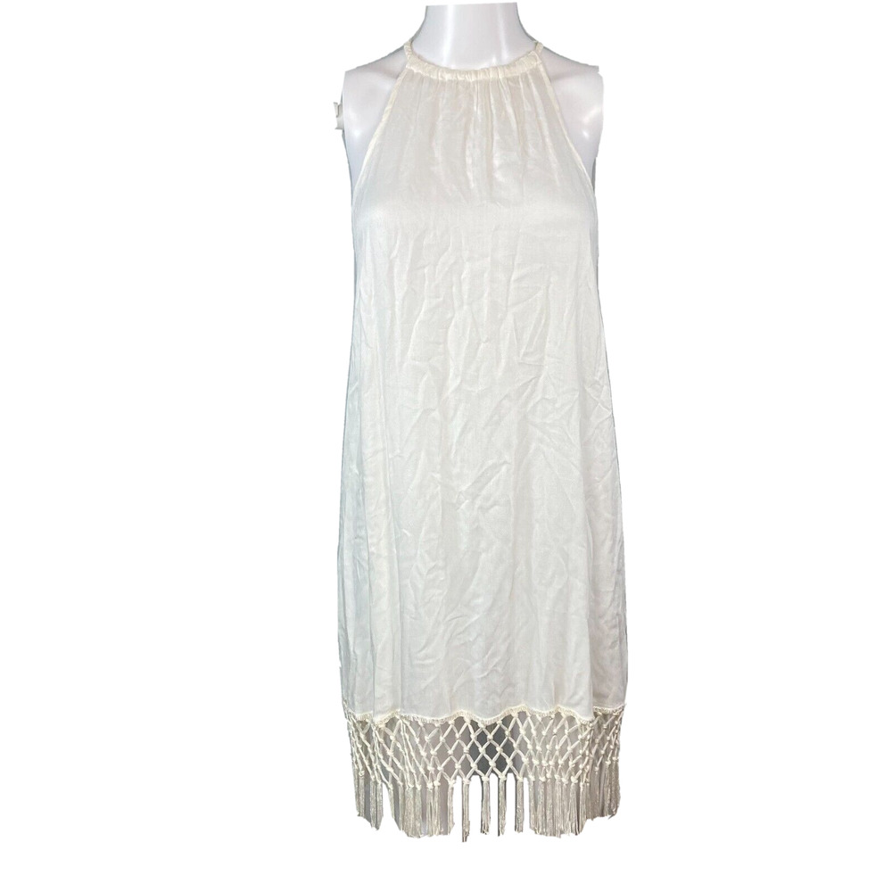 Mudpie Shirt Women Sz S White Lightweight Halter Shift Tunic Fringe Hem Cover Up